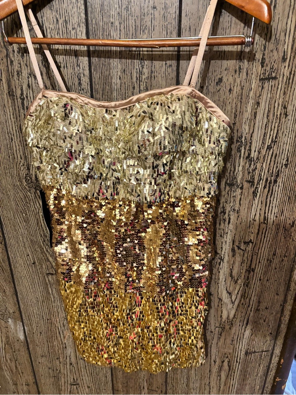 bebe Two-Tone Gold Sequin Mini Dress with Nude Straps